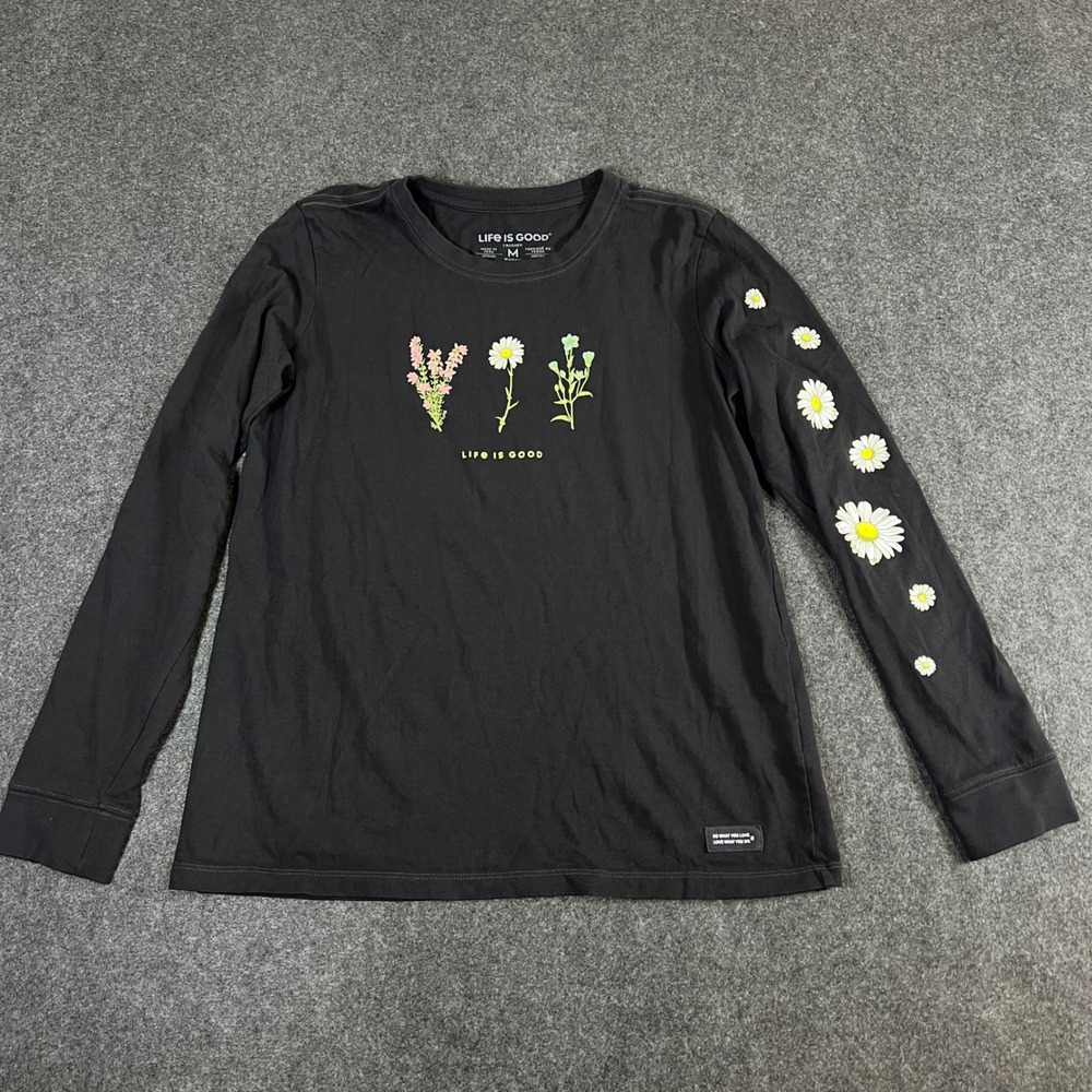 Life is Good Womens M Black Crusher Long Sleeve Daisy Floral Graphic T-Shirt